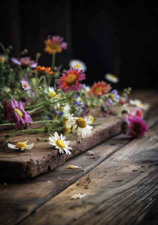 Wildflowers on old wooden table. Selective focus. Toned.の素材