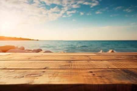 Wooden table on the background of the sea and blue sky.の素材