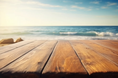 Wooden table top on the background of the sea and blue skyの素材