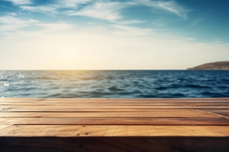 Wooden table top on blurred sea background with bokeh imageの素材