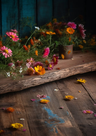 Colorful autumn flowers on a wooden background. Selective focus.の素材