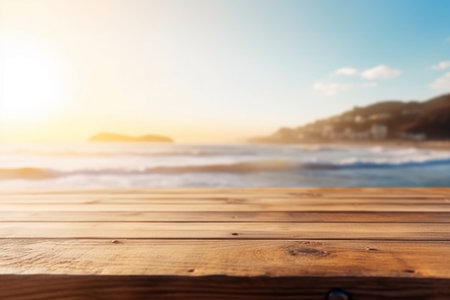 Wooden table top on blurred beach background - can be used for display or montage your productsの素材