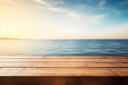 Wooden table with sea and blue sky background. Mock up for designの素材