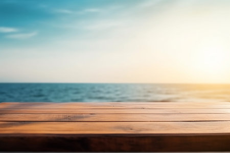 Wooden table top on blur sea background - can be used for display or montage your productsの素材