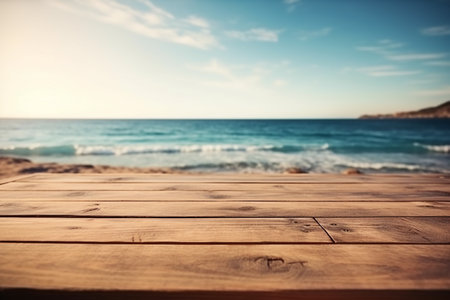 Wooden table against blue sea and sky in a sunny summer dayの素材