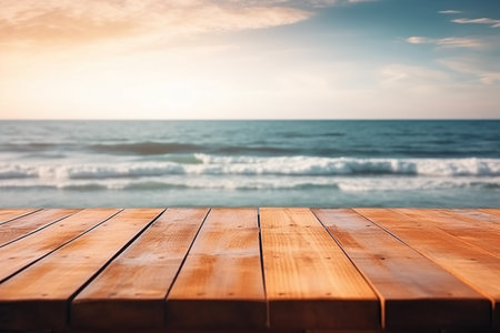 Wood table top on blur background of sea and sky - can be used for display or montage your productsの素材