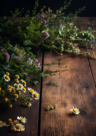 Bouquet of wild flowers on a wooden background. Selective focus. Toned.の素材