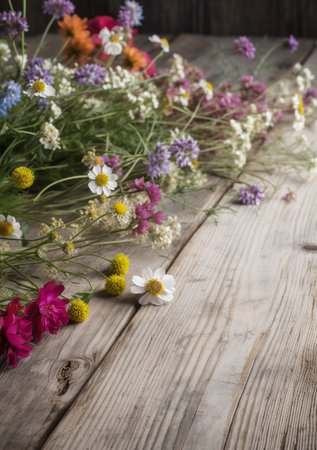 Wildflowers on wooden background with copy space for your text.の素材
