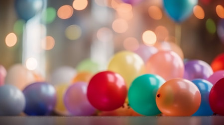 Colorful balloons on blurred background with bokeh effect. Holiday concept.の素材