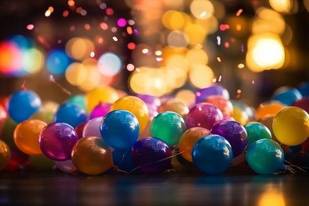 Colorful balloons with bokeh lights on background. Party concept.の素材