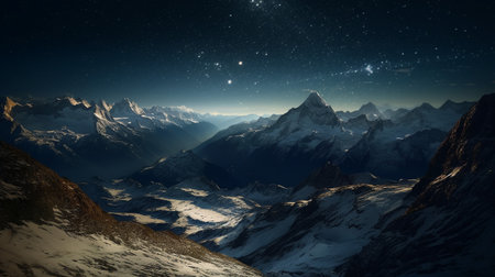 Fantastic view of snow-capped mountains and starry skyの素材