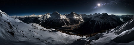 Panoramic view of the snowy mountains at night. Panoramaの素材