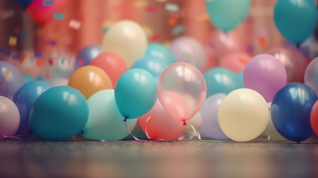 Colorful balloons on the background of a garland and confettiの素材