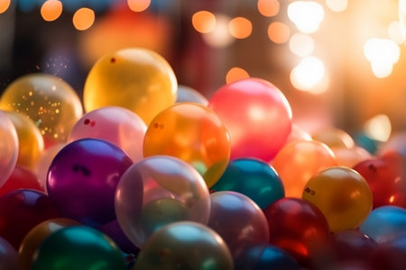 Colorful balloons background with bokeh defocused lights at nightの素材