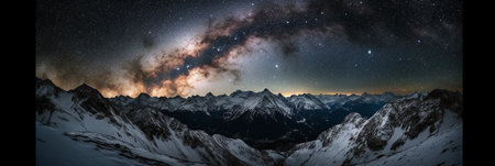 Panorama of snowy mountains with milky way and starry skyの素材