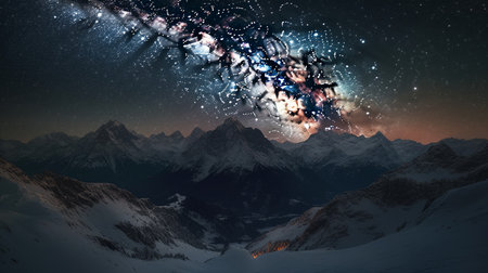 Mountain landscape with stars and snowflakes. 3d renderingの素材