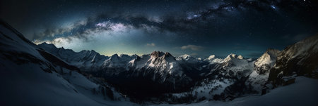 Panoramic view of the starry sky and the Milky Way over the mountains.の素材