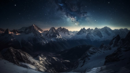 Mountain landscape with stars and Milky Way. Panoramic viewの素材