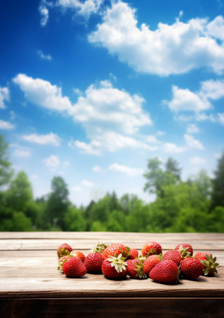 Strawberries on wooden table in front of blue sky with cloudsの素材