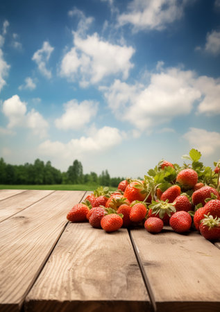Strawberries on wooden table with blue sky and clouds background.の素材