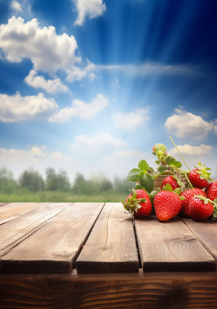 Strawberries on wooden table in front of blue sky with cloudsの素材