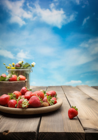 Fresh strawberries on a wooden table with blue sky and clouds in the backgroundの素材