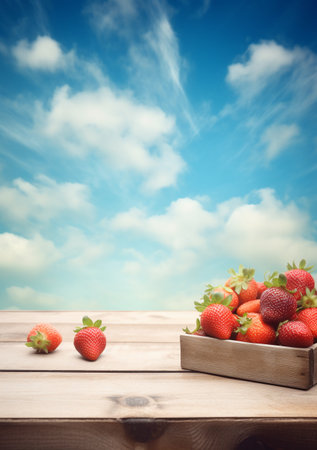 Strawberries in a wooden box on a background of blue skyの素材