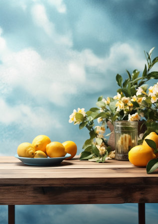 Lemons on wooden table against blue sky with vase of flowersの素材