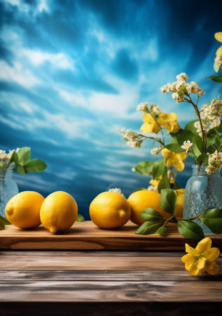 Lemons and flowers on a wooden table with blue sky backgroundの素材