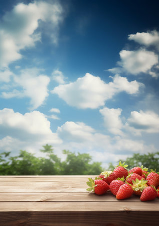 Strawberries on wooden table with blue sky and clouds background.の素材