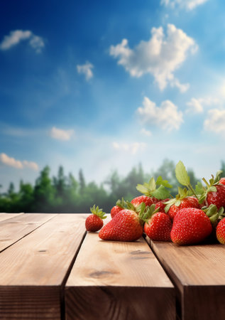Strawberries on wooden table with blue sky and white clouds backgroundの素材