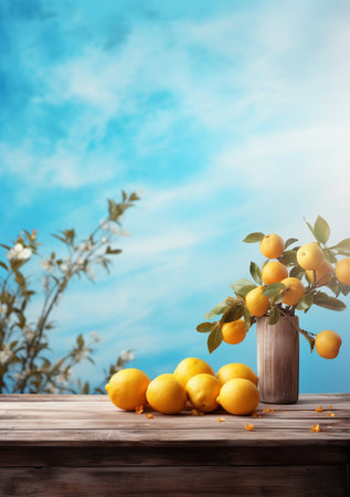 Lemons in vase on wooden table against blue sky backgroundの素材