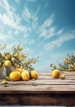 Lemons and lemons on wooden table with blue sky backgroundの素材