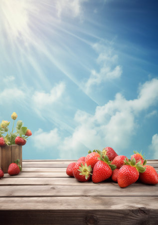 Strawberries on a wooden table against blue sky with white cloudsの素材