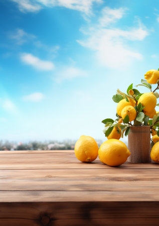 Lemons in vase on wooden table over blue sky backgroundの素材