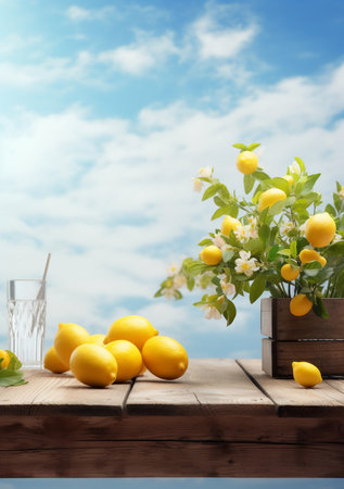 Lemons and glass of water on wooden table against blue skyの素材
