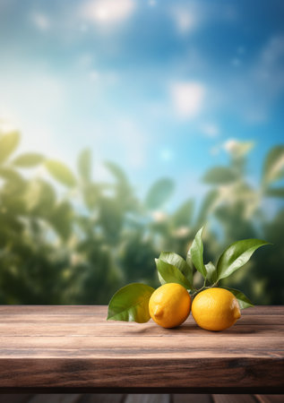 Lemons on wooden table in front of blurred nature background.の素材