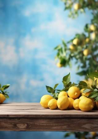 Lemons on wooden table in front of blurred background with copy spaceの素材