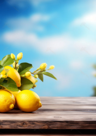 Lemons on wooden table with blue sky and white clouds backgroundの素材