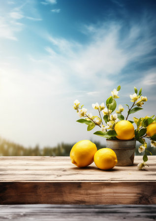 Lemons in vase on wooden table with blue sky backgroundの素材