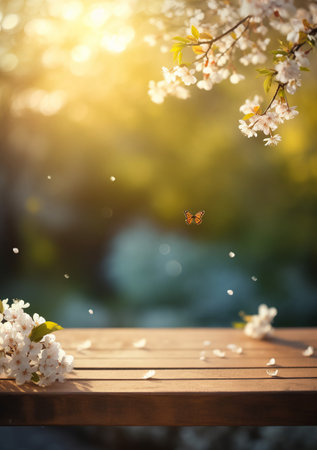 Wooden table with cherry blossoms and butterfly. Selective focusの素材