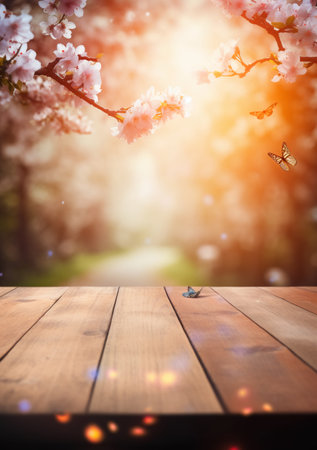 Wooden table in front of spring cherry blossoms background. Selective focus.の素材