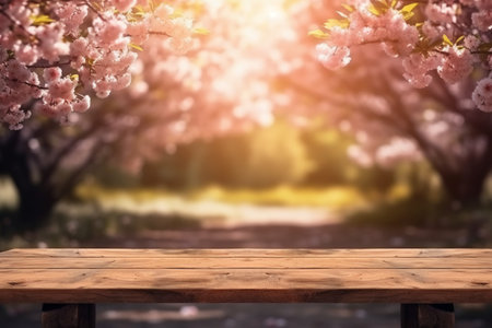 Empty wooden table and spring blossom tree background. For product displayの素材