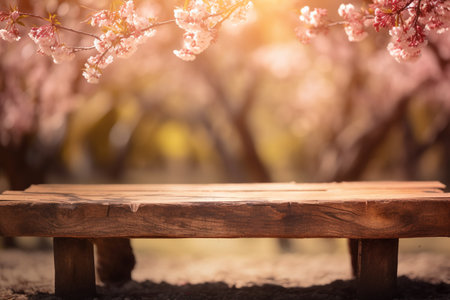 Empty wooden table in front of spring cherry blossoms tree background.の素材