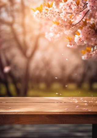 Wooden table in front of spring cherry blossoms tree background.の素材