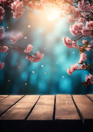 Wooden table in front of spring cherry blossom background. Toned.の素材