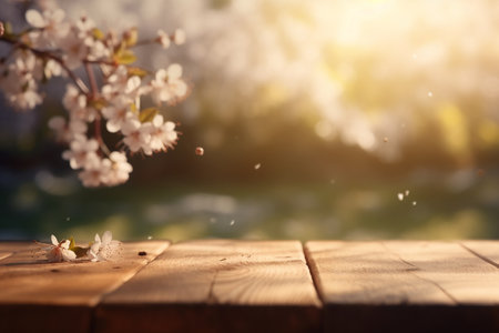 Wooden table in front of blooming cherry tree. Selective focusの素材