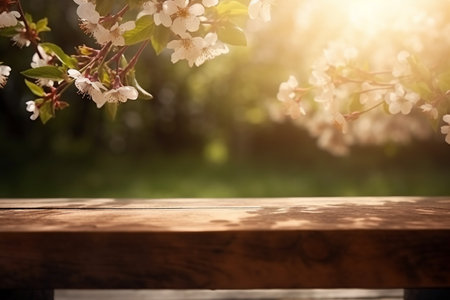 Wooden table in front of blooming cherry tree. Spring backgroundの素材