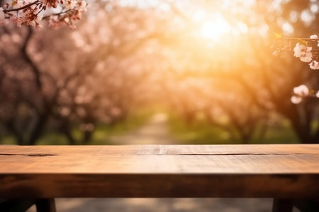 Empty table for product display montages with blooming cherry tree backgroundの素材