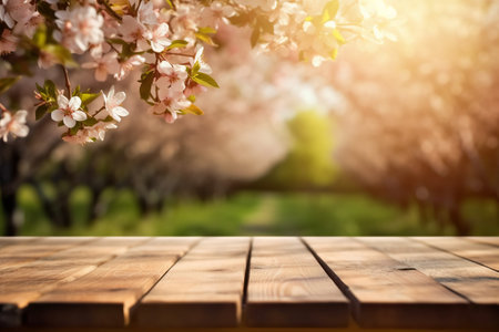 Wooden table in front of blooming cherry trees. Spring backgroundの素材